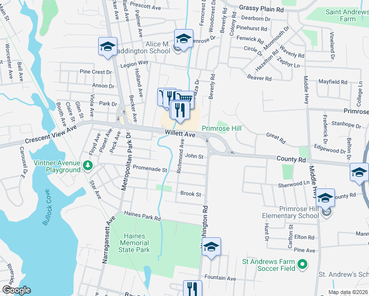map of restaurants, bars, coffee shops, grocery stores, and more near 14 Richmond Avenue in Barrington