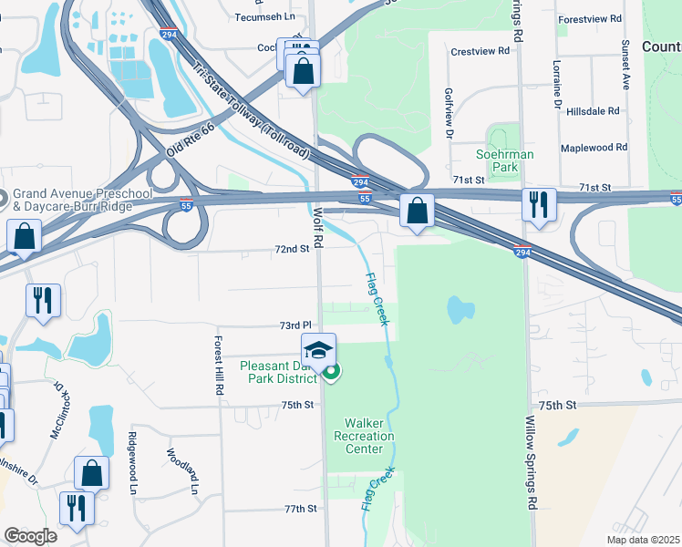 map of restaurants, bars, coffee shops, grocery stores, and more near 7231 Wolf Road in Indian Head Park