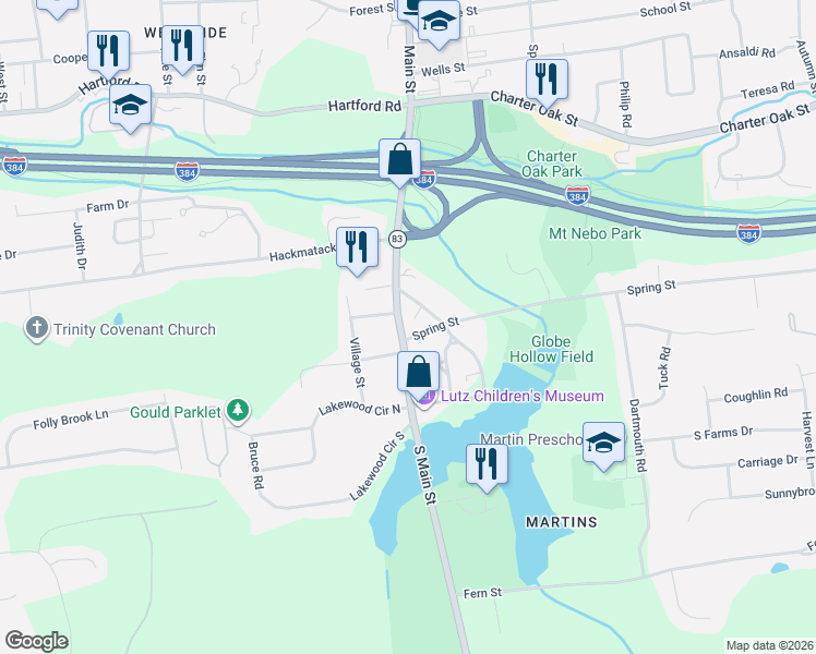 map of restaurants, bars, coffee shops, grocery stores, and more near 175 South Main Street in Manchester