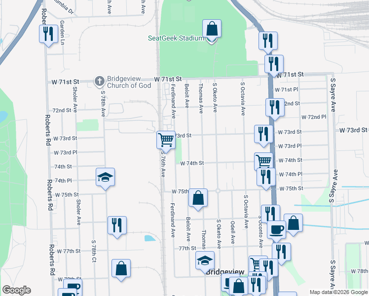 map of restaurants, bars, coffee shops, grocery stores, and more near 7300 Ferdinand Avenue in Bridgeview