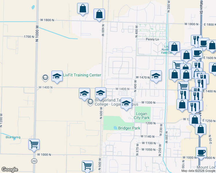 map of restaurants, bars, coffee shops, grocery stores, and more near 537 1420 North in Logan