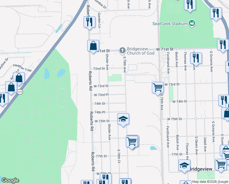 map of restaurants, bars, coffee shops, grocery stores, and more near 7831 West 73rd Street in Bridgeview