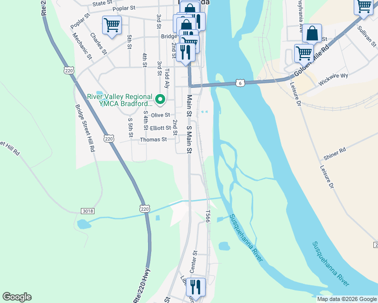 map of restaurants, bars, coffee shops, grocery stores, and more near 909 Main St in Towanda