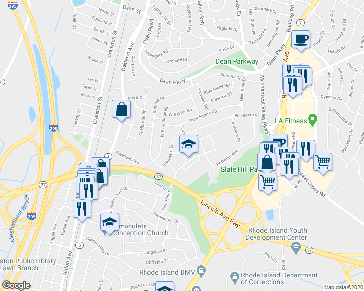 map of restaurants, bars, coffee shops, grocery stores, and more near 53 Surrey Drive in Cranston