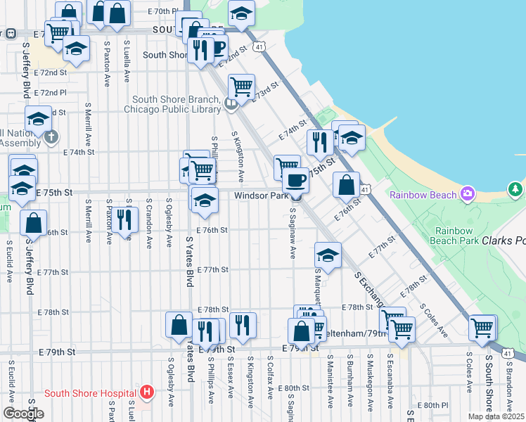 map of restaurants, bars, coffee shops, grocery stores, and more near 7526 South Colfax Avenue in Chicago