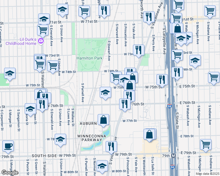 map of restaurants, bars, coffee shops, grocery stores, and more near South Stewart Avenue & West 75th Street in Chicago