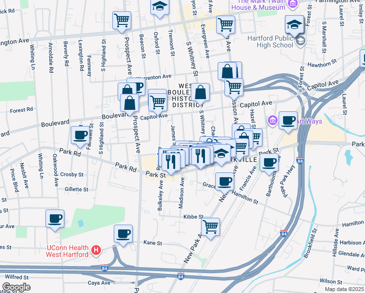 map of restaurants, bars, coffee shops, grocery stores, and more near 57 Heath Street in Hartford