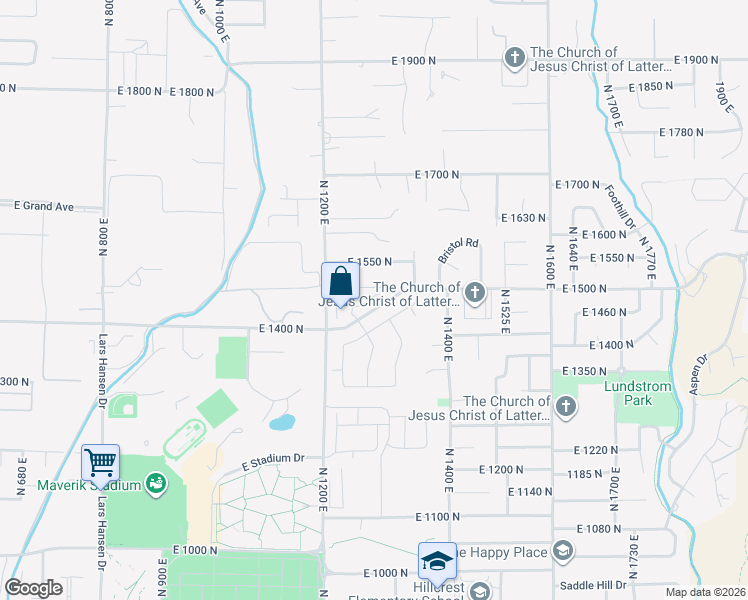 map of restaurants, bars, coffee shops, grocery stores, and more near 1295 East 1500 North in North Logan