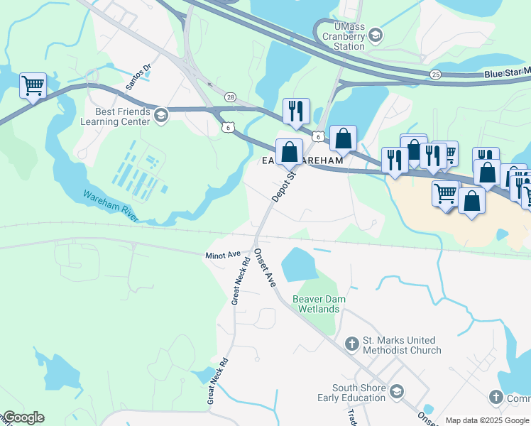 map of restaurants, bars, coffee shops, grocery stores, and more near 16 Depot Street in Wareham