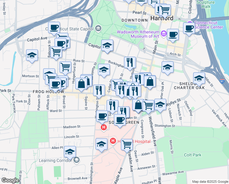 map of restaurants, bars, coffee shops, grocery stores, and more near 36 1/2 Wadsworth Street in Hartford