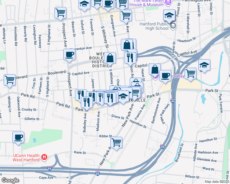 map of restaurants, bars, coffee shops, grocery stores, and more near 51 South Whitney Street in Hartford
