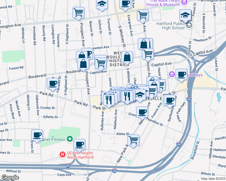 map of restaurants, bars, coffee shops, grocery stores, and more near 76 Heath Street in Hartford