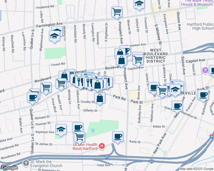 map of restaurants, bars, coffee shops, grocery stores, and more near 203 South Highland Street in West Hartford