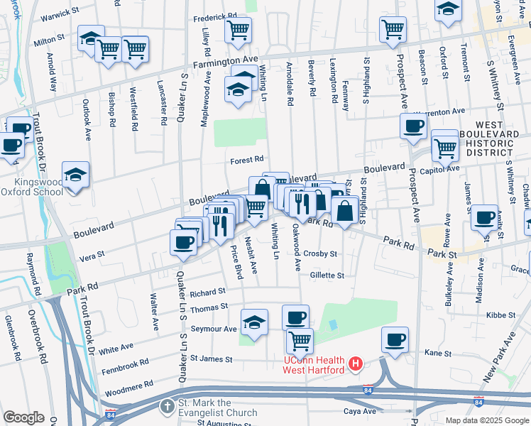 map of restaurants, bars, coffee shops, grocery stores, and more near 187 Whiting Lane in West Hartford