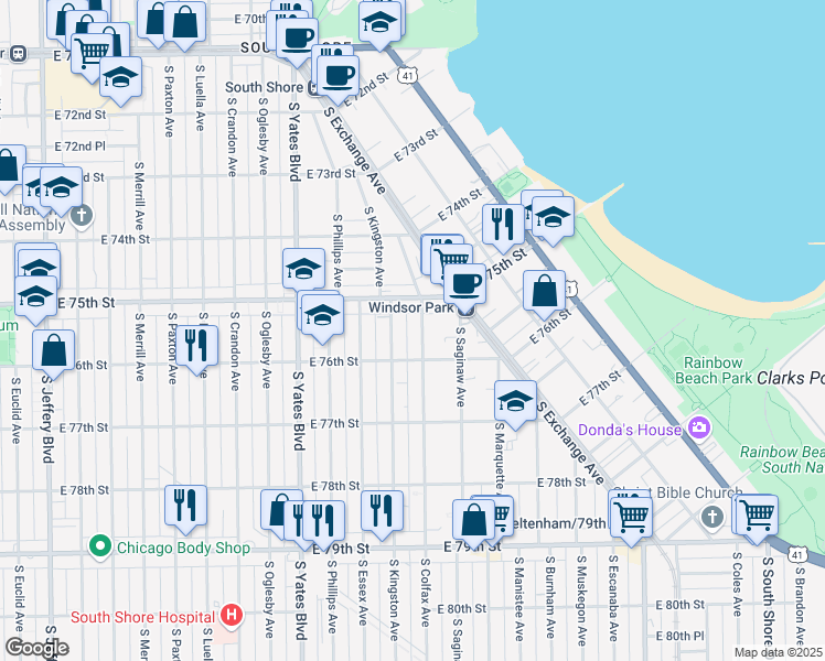map of restaurants, bars, coffee shops, grocery stores, and more near 7515 South Kingston Avenue in Chicago