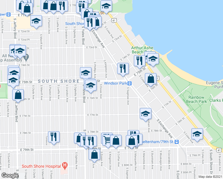 map of restaurants, bars, coffee shops, grocery stores, and more near 7515 South Kingston Avenue in Chicago