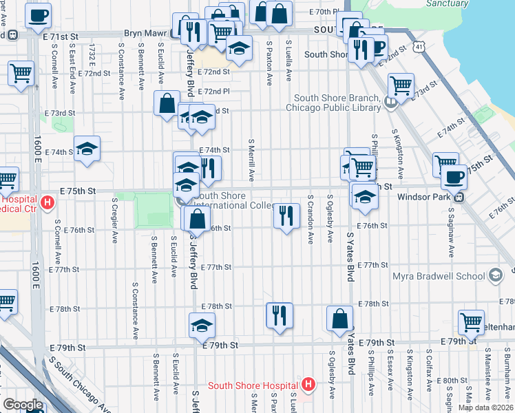 map of restaurants, bars, coffee shops, grocery stores, and more near 7514 South Paxton Avenue in Chicago
