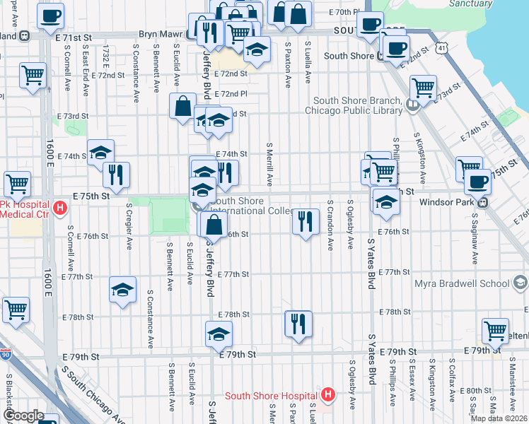 map of restaurants, bars, coffee shops, grocery stores, and more near 7514 South Merrill Avenue in Chicago