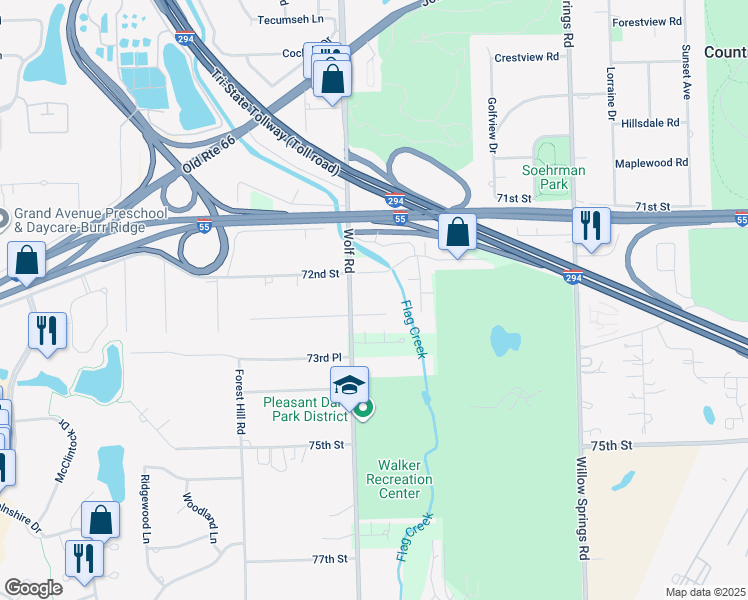 map of restaurants, bars, coffee shops, grocery stores, and more near 7231 Wolf Road in Indian Head Park