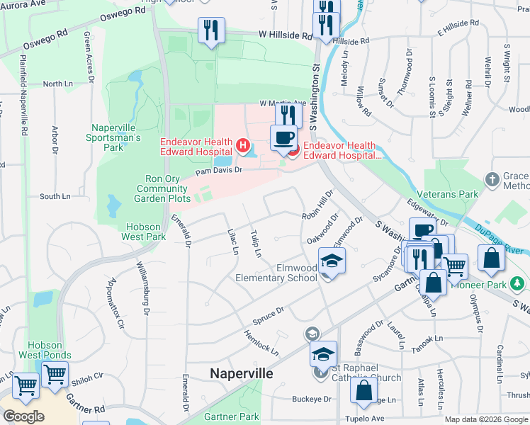 map of restaurants, bars, coffee shops, grocery stores, and more near 820 Iris Lane in Naperville