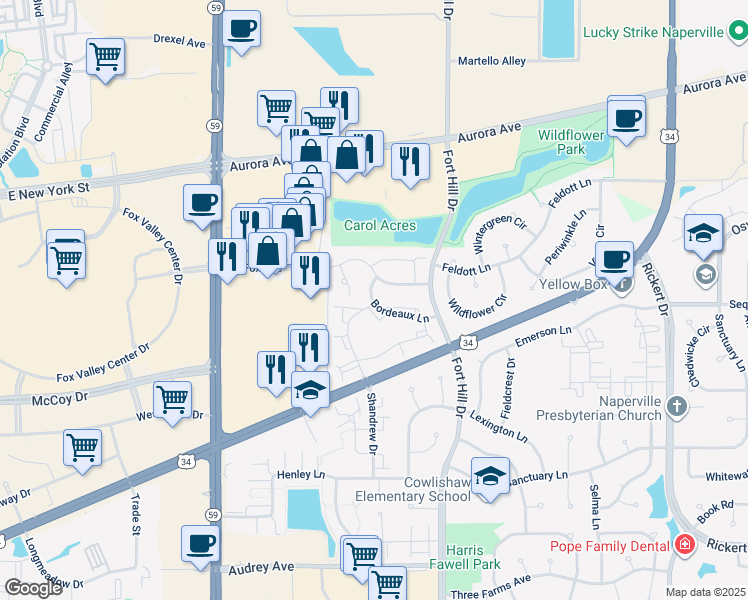 map of restaurants, bars, coffee shops, grocery stores, and more near 2548 Carrolwood Road in Naperville