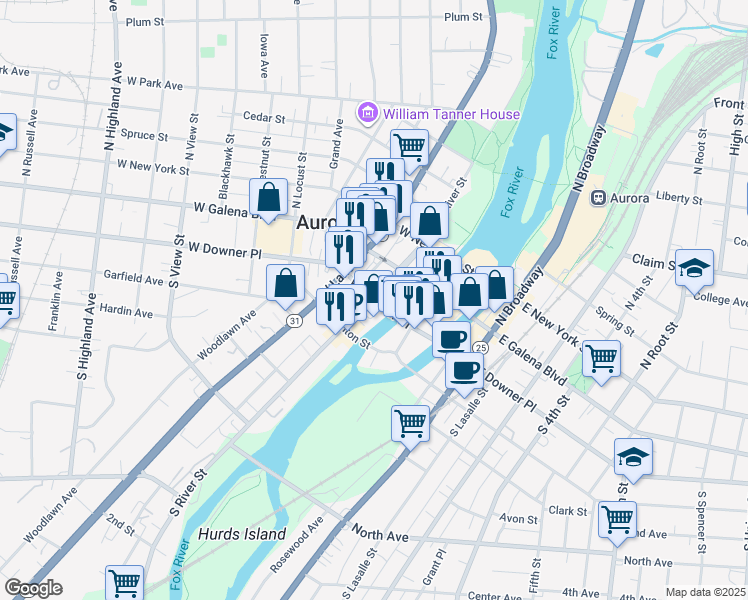 map of restaurants, bars, coffee shops, grocery stores, and more near 101-119 W Downer Pl in Aurora
