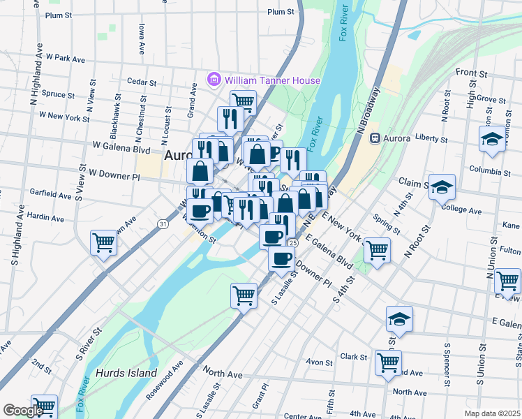 map of restaurants, bars, coffee shops, grocery stores, and more near 9 West Galena Boulevard in Aurora