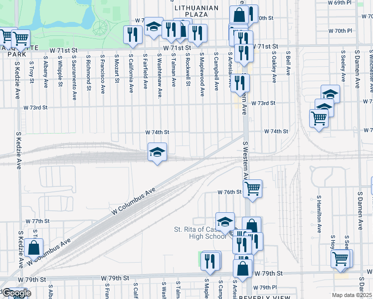 map of restaurants, bars, coffee shops, grocery stores, and more near 7430 South Rockwell Street in Chicago