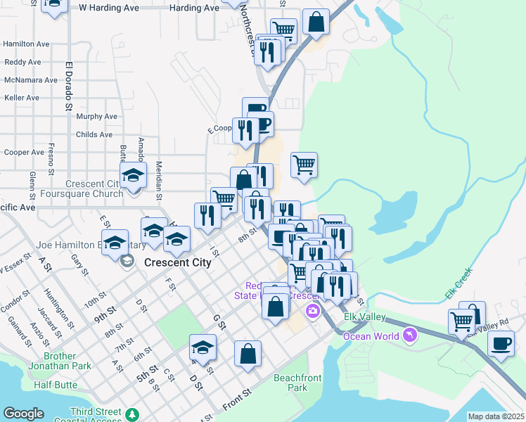 map of restaurants, bars, coffee shops, grocery stores, and more near 440 Redwood Highway in Crescent City