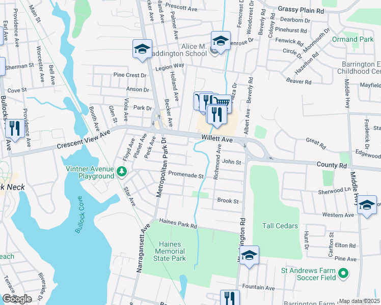 map of restaurants, bars, coffee shops, grocery stores, and more near 21 Harriet Street in East Providence