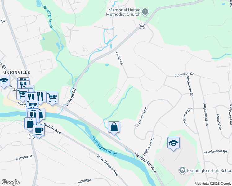 map of restaurants, bars, coffee shops, grocery stores, and more near 28 Canterbury Lane in Farmington