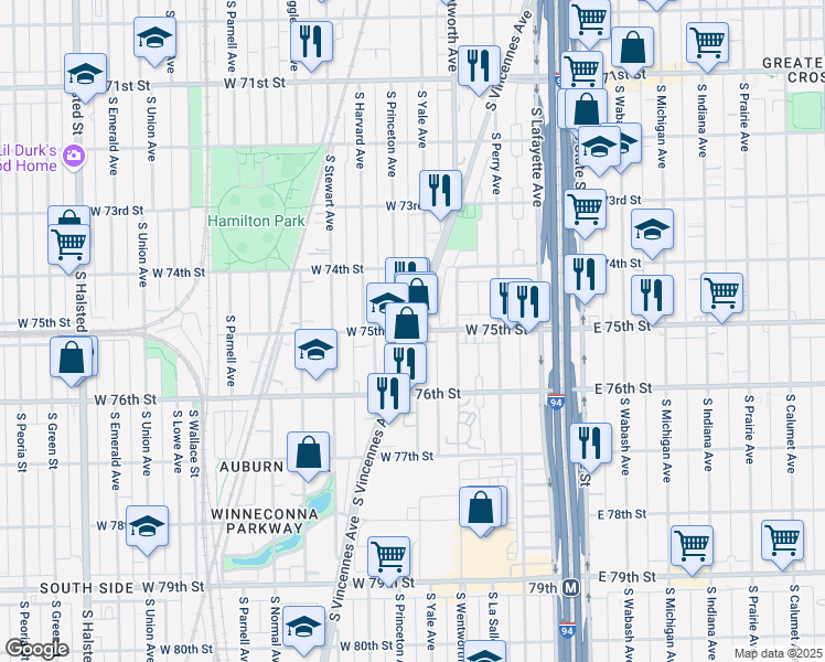 map of restaurants, bars, coffee shops, grocery stores, and more near S Vincennes Ave & W 75th St in Chicago