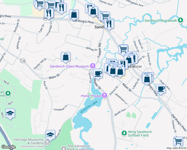 map of restaurants, bars, coffee shops, grocery stores, and more near 135 Main Street in Sandwich