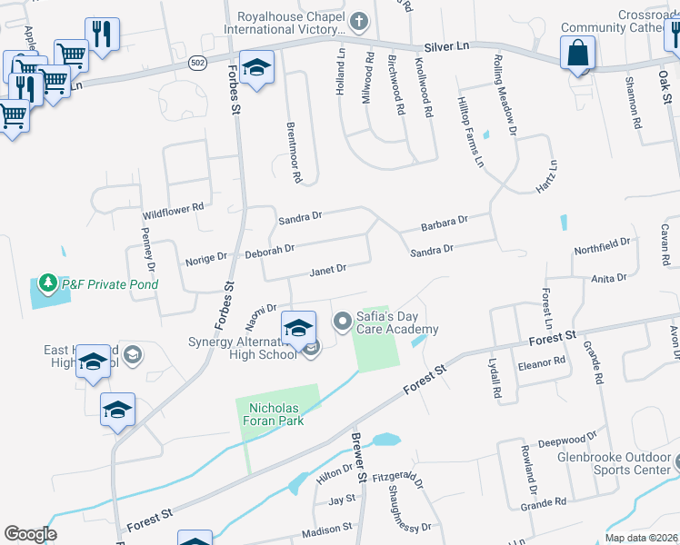 map of restaurants, bars, coffee shops, grocery stores, and more near 98 Janet Drive in East Hartford