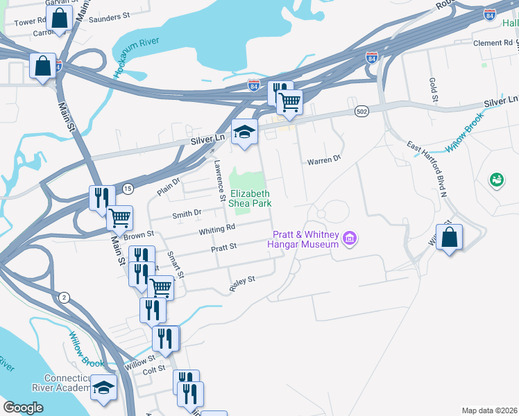 map of restaurants, bars, coffee shops, grocery stores, and more near 69 Mercer Avenue in East Hartford