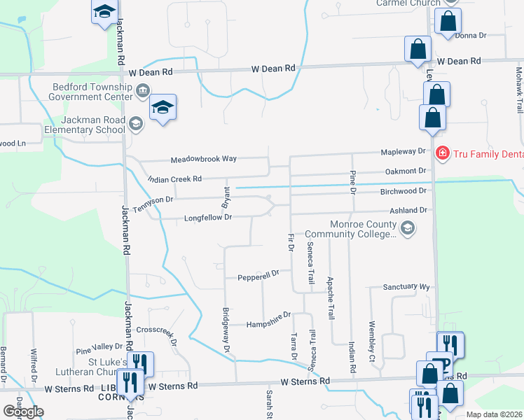 map of restaurants, bars, coffee shops, grocery stores, and more near 1353 Tennyson Drive in Temperance