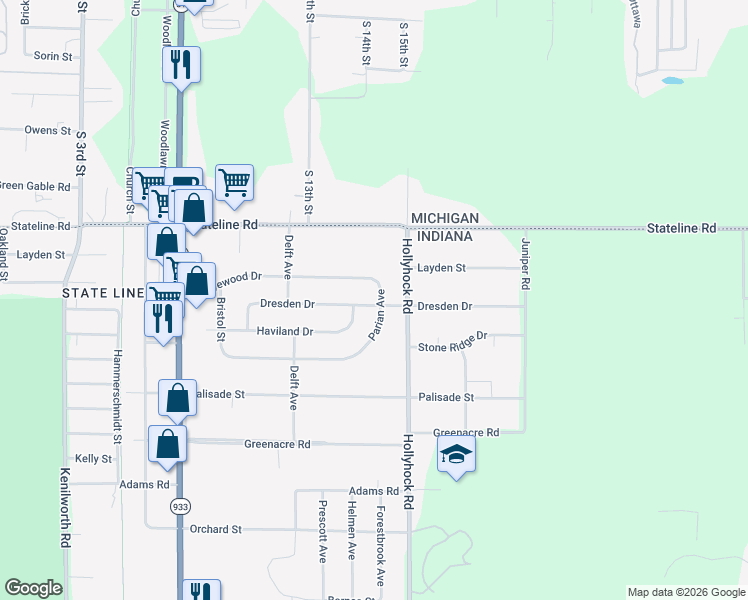 map of restaurants, bars, coffee shops, grocery stores, and more near 50539 Parian Avenue in South Bend