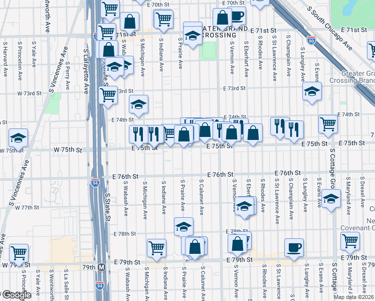 map of restaurants, bars, coffee shops, grocery stores, and more near 304 East 75th Street in Chicago