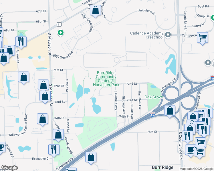 map of restaurants, bars, coffee shops, grocery stores, and more near 100-106 Chestnut Hills Cir in Burr Ridge