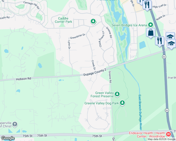 map of restaurants, bars, coffee shops, grocery stores, and more near 3909 Hobson Gate Court in Naperville