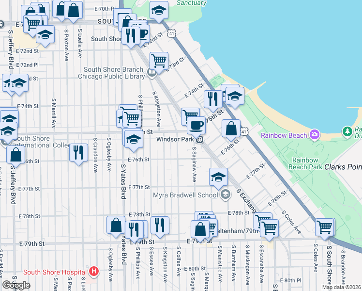 map of restaurants, bars, coffee shops, grocery stores, and more near 7529 South Colfax Avenue in Chicago