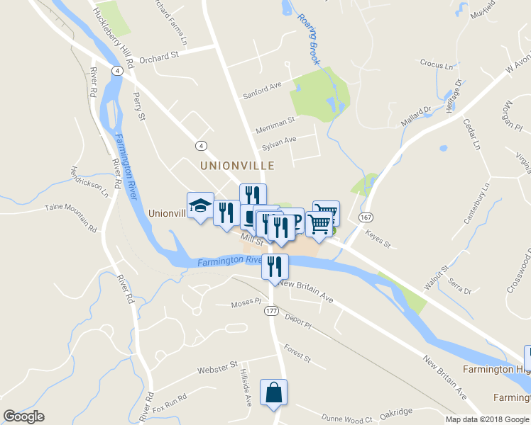 map of restaurants, bars, coffee shops, grocery stores, and more near Connecticut 4 & Main Street & Lovely Street in Farmington