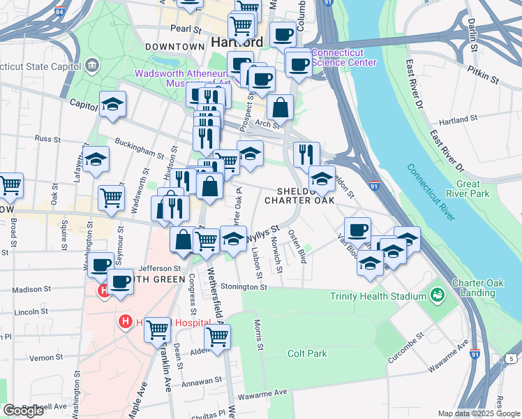 map of restaurants, bars, coffee shops, grocery stores, and more near 60 Popieluszko Court in Hartford