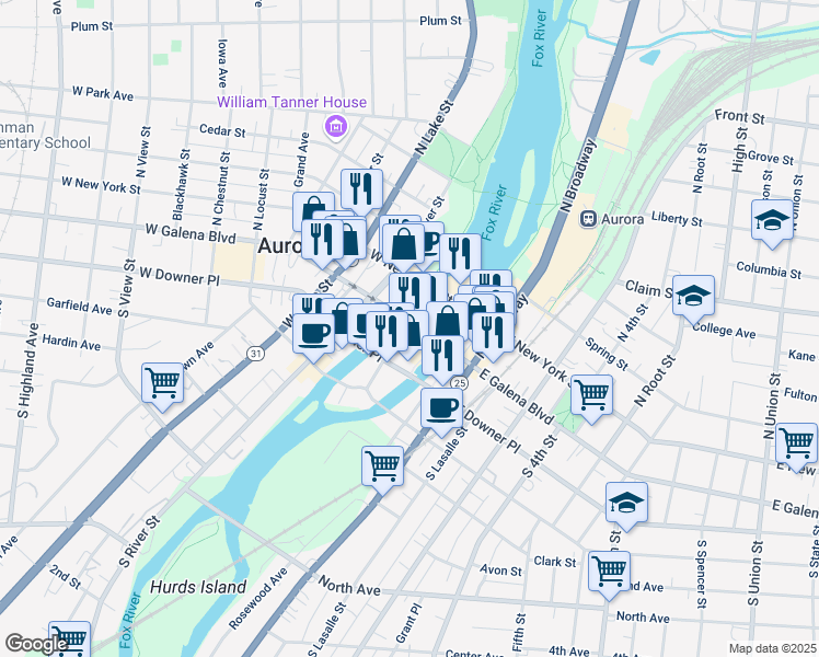 map of restaurants, bars, coffee shops, grocery stores, and more near 9 West Galena Boulevard in Aurora