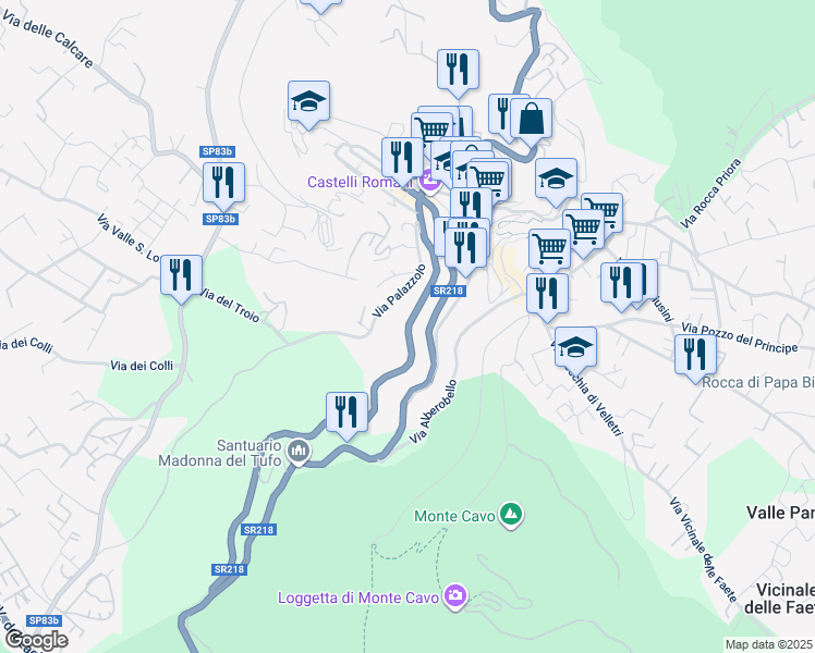 map of restaurants, bars, coffee shops, grocery stores, and more near 92 Via Roma in Rocca di Papa