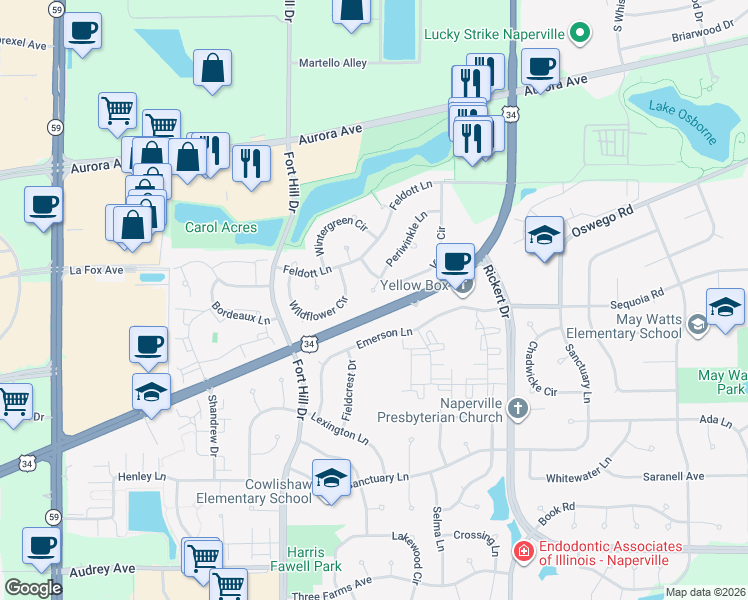 map of restaurants, bars, coffee shops, grocery stores, and more near 2311 Periwinkle Court in Naperville