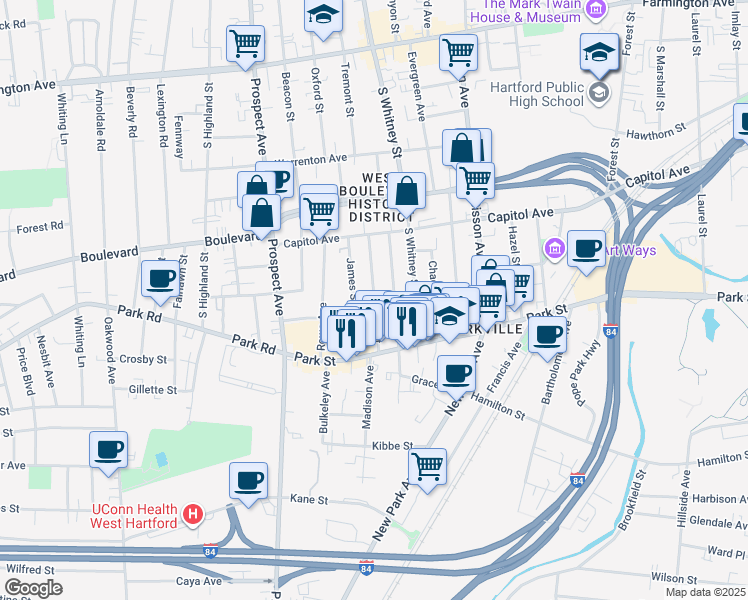 map of restaurants, bars, coffee shops, grocery stores, and more near 62 Heath Street in Hartford