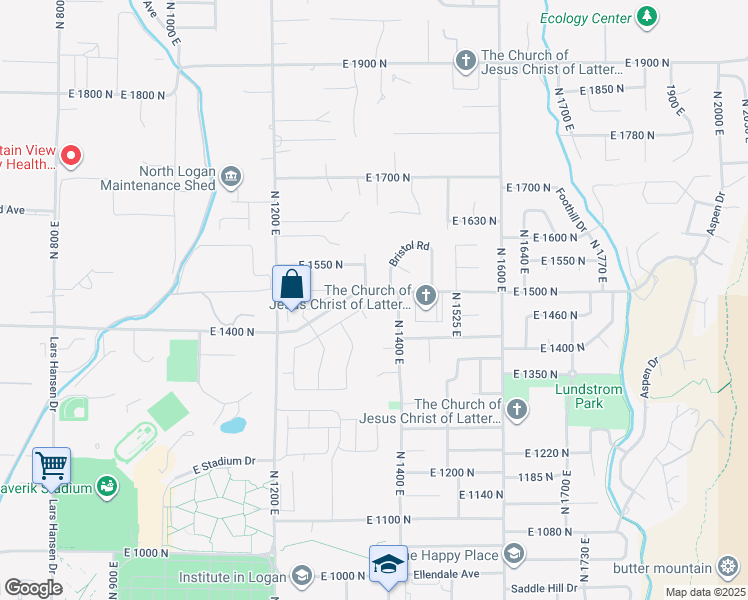map of restaurants, bars, coffee shops, grocery stores, and more near 1366 East Talmage Lane in Logan
