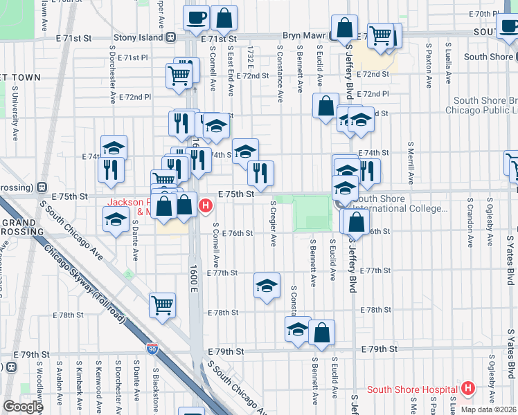 map of restaurants, bars, coffee shops, grocery stores, and more near 1735 East 75th Street in Chicago