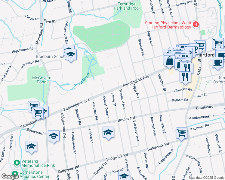 map of restaurants, bars, coffee shops, grocery stores, and more near 1102 Farmington Ave in West Hartford